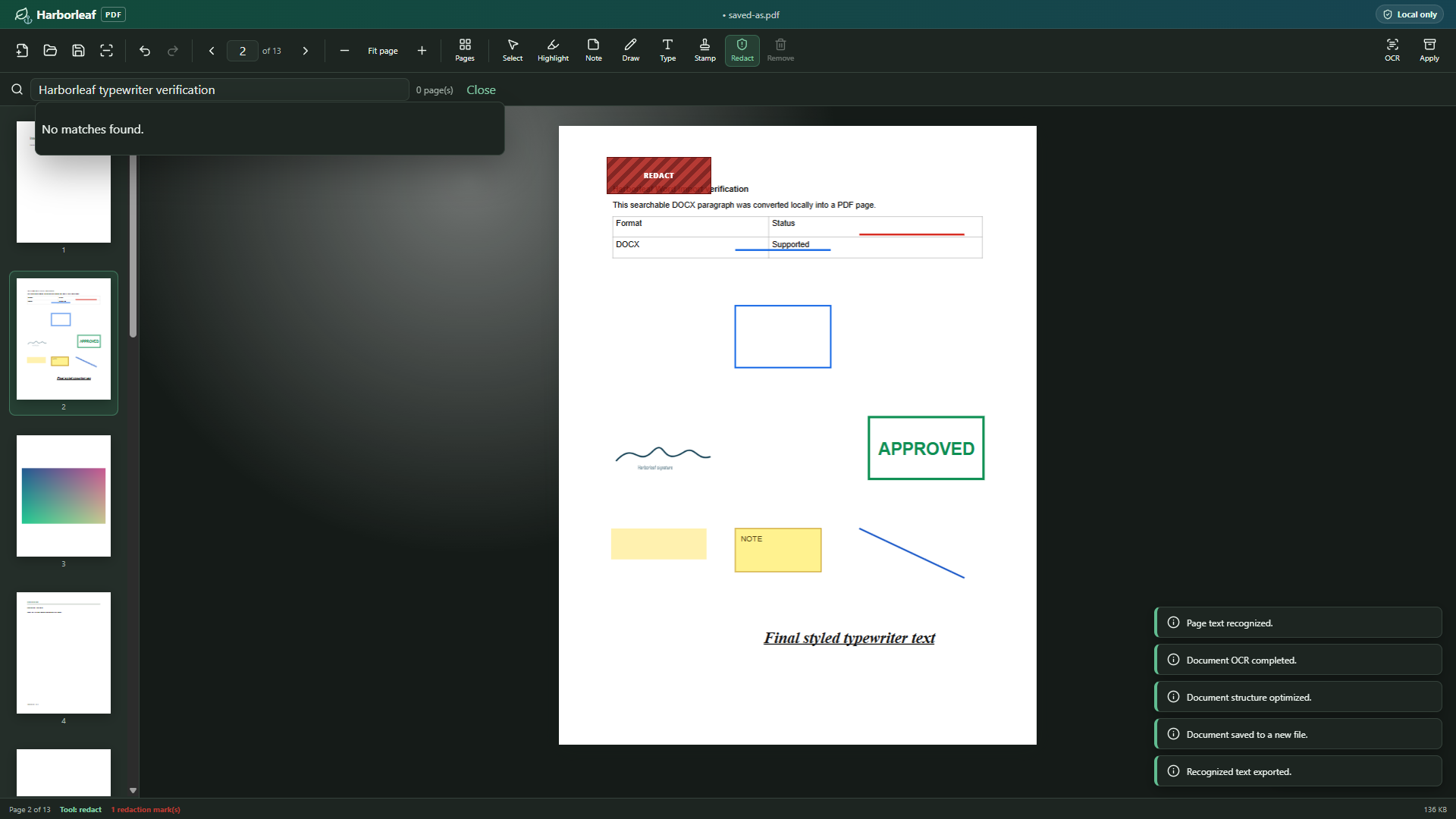 Harborleaf workspace with page thumbnails, search, annotation, redaction, OCR, and editing controls